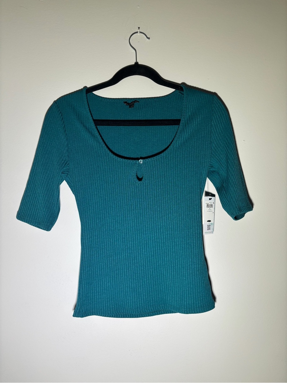 GUESS Teal Ribbed Scoop Neck Short Sleeve Top